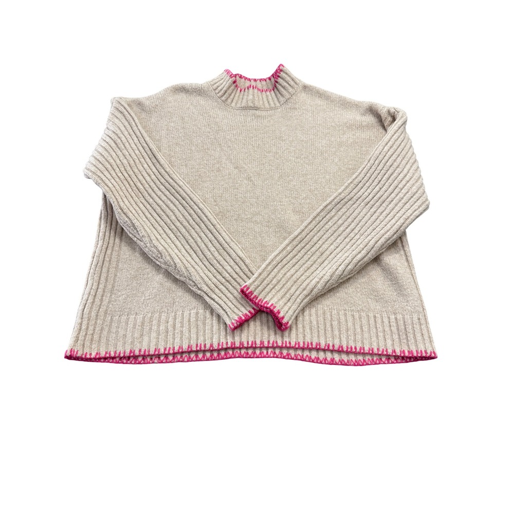 Joie Womens XL Beige Pink Whipstitch Mock Neck Ribbed Sleeve Knit Sweater - Picture 2 of 6